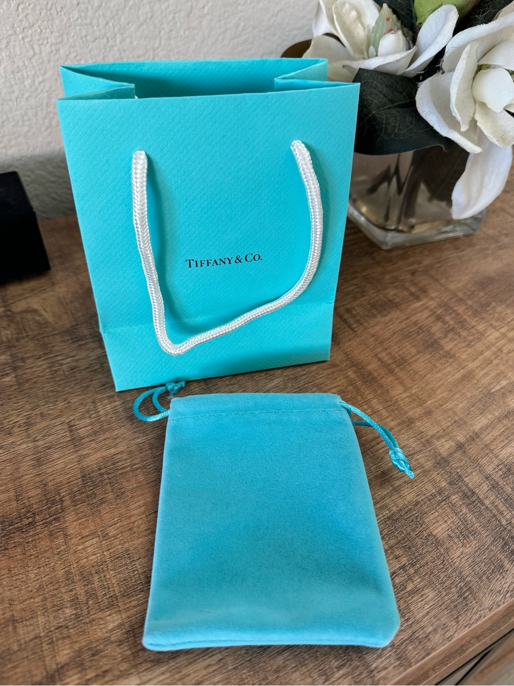 Auth Tiffany & Co. robin's-egg blue velvet jewelry pouch with matching gift bag